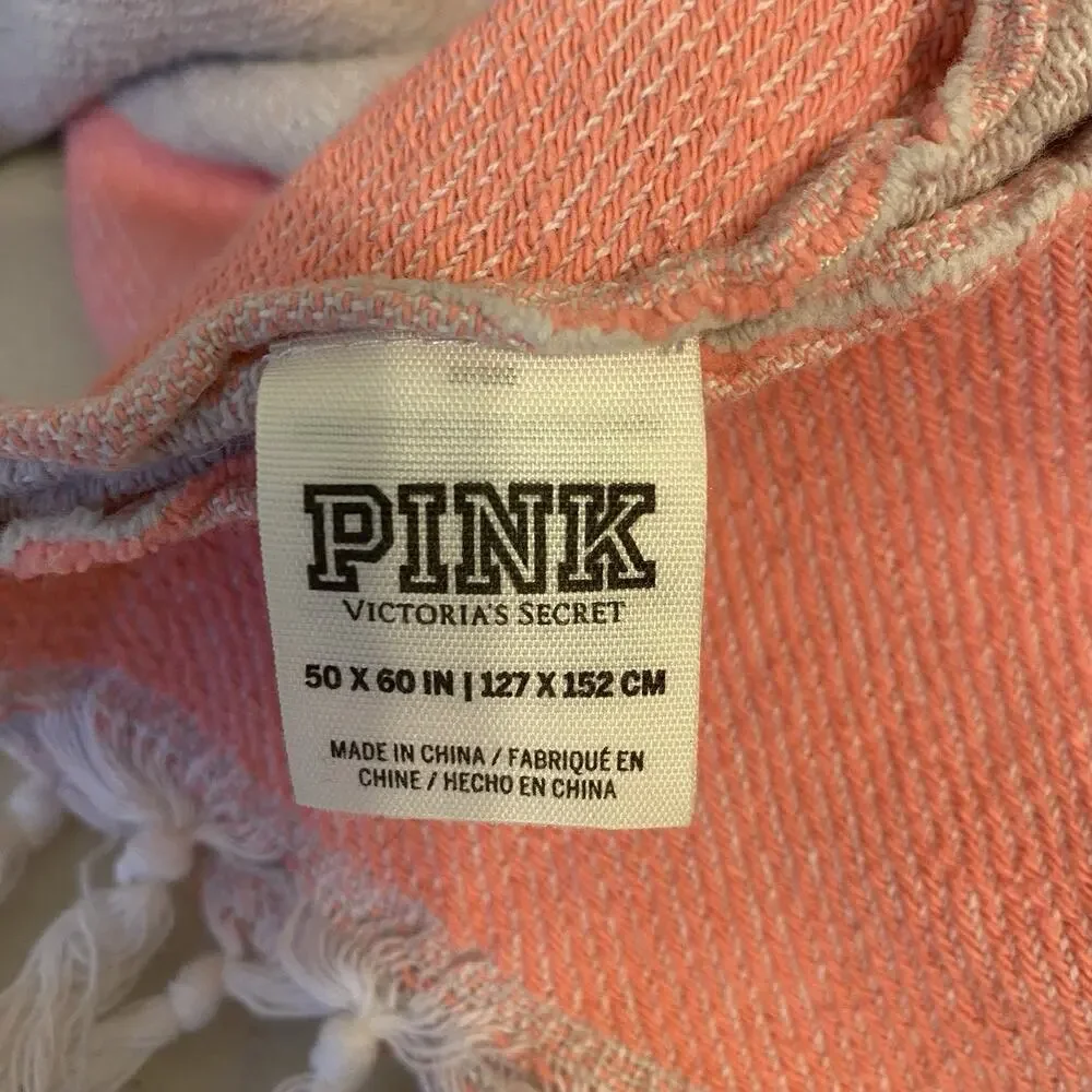 Victoria's Secret Pink Logo Oversized Fringe BeachTowel 50x70” Cotton Multicolor